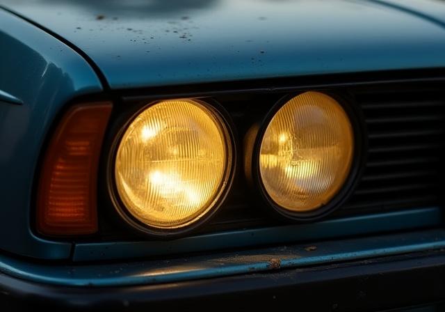 Faro anteriore di una BMW opaco e ingiallito.