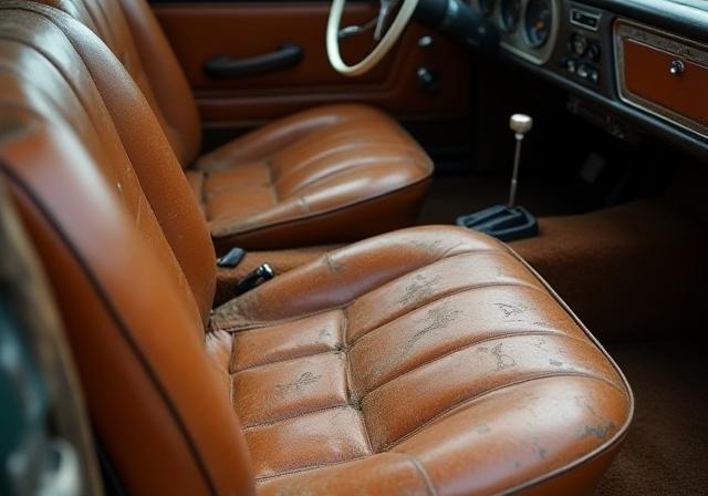 Interni in pelle usurati e sbiaditi di una Lancia Fulvia d'epoca.