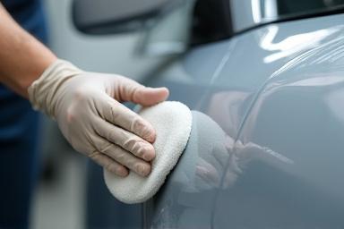 Applicazione manuale di un protettivo sulla vernice di un'auto.