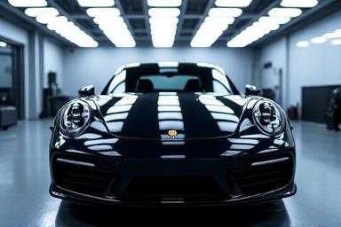 Un'auto perfettamente lucidata sotto le luci di ispezione del centro detailing.