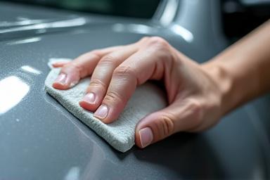 Un tecnico utilizza una clay bar su un'auto per rimuovere contaminanti.