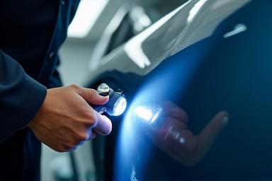 Un tecnico ispeziona la vernice di un'auto con una luce specializzata.