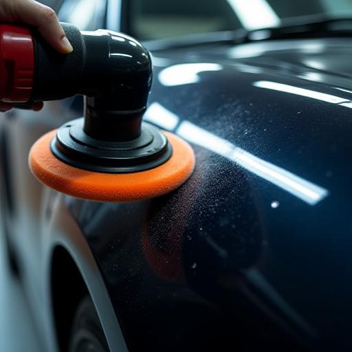 Macchina lucidatrice in azione sulla carrozzeria di un'auto scura.