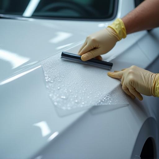 Mano di un tecnico che applica una pellicola protettiva (PPF) su un'auto.