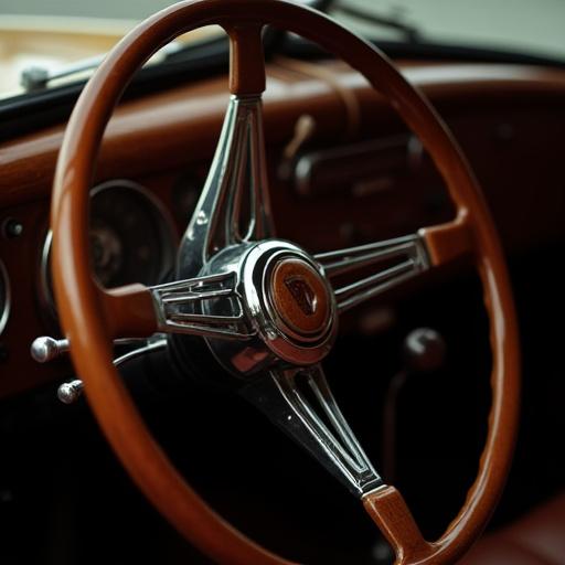 Volante in legno di un'auto d'epoca restaurato.